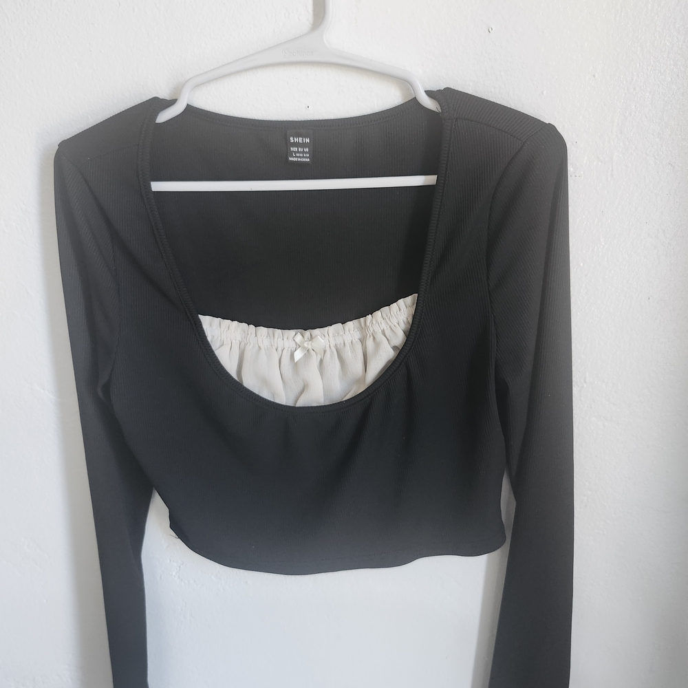 SHEIN Black and Cream Long Sleeve Blouse